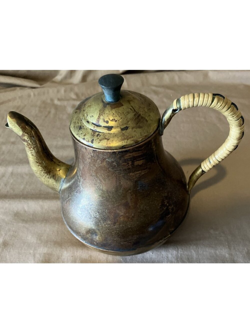 Copper & Brass Teapot Japan Bamboo Wrapped Brass Handle 6”